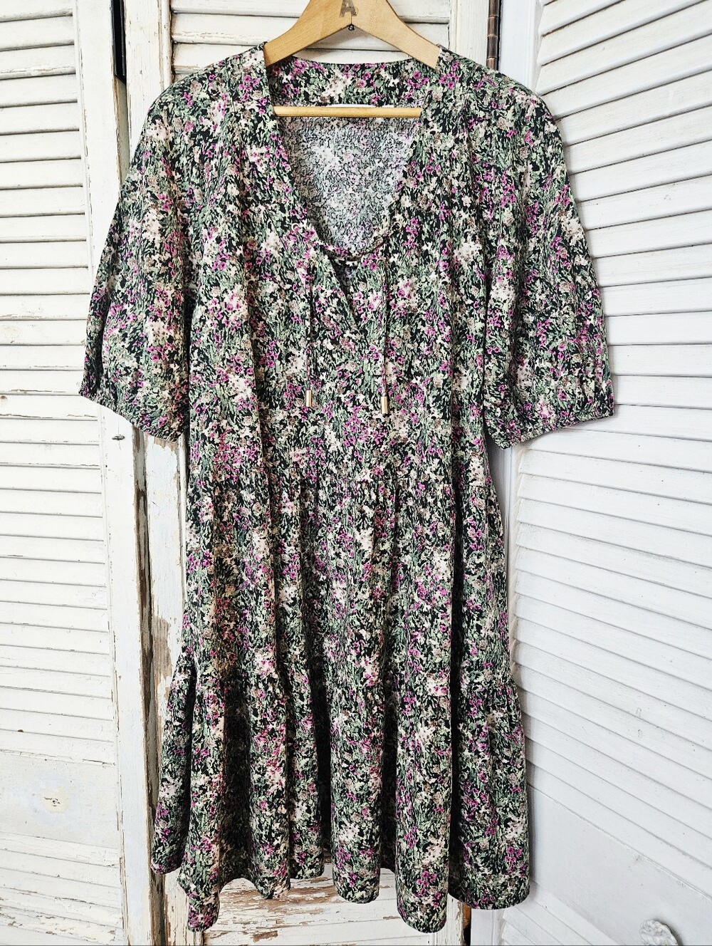 Reitmans Linen Blend Floral Puff Sleeve Lace Up Neck Babydoll Dress Medium